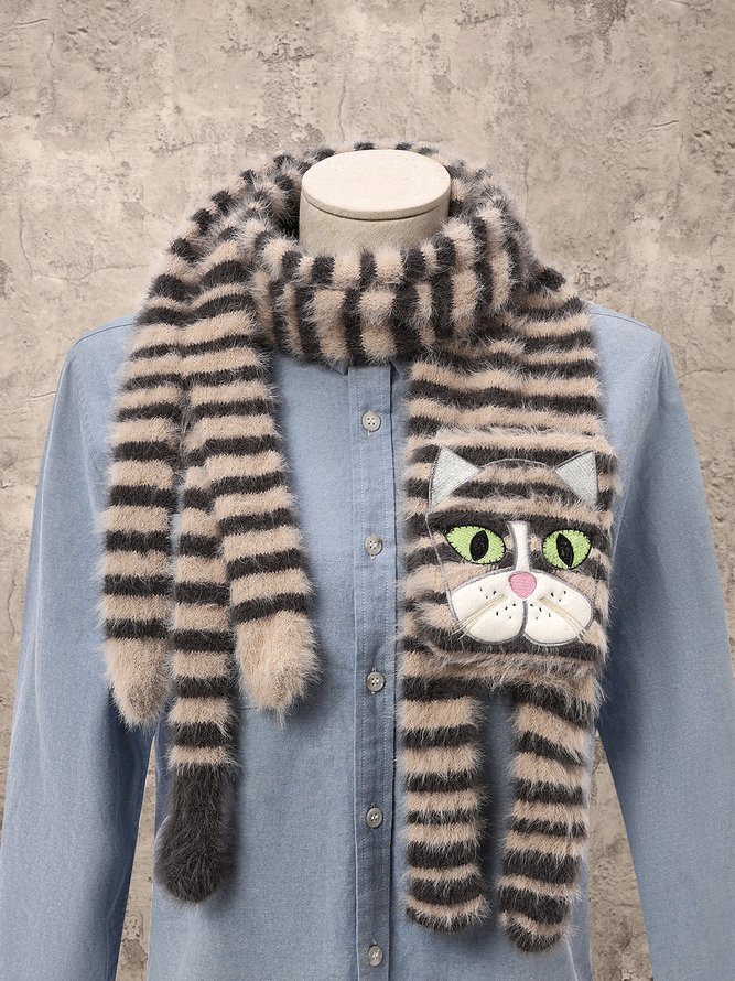3D Wool Cat Pattern Plush Patchwork Long Scarf Casual Vintage Outdoor Accessories