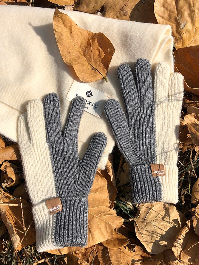 Casual Contrast Color Patchwork Wool Midi Gloves Autumn Winter Warm Accessories