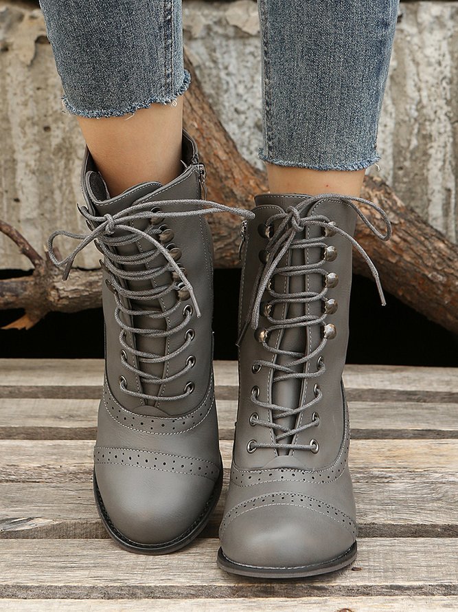 Plus Size Lace-Up Decor Side Zip Spool Heel Boots