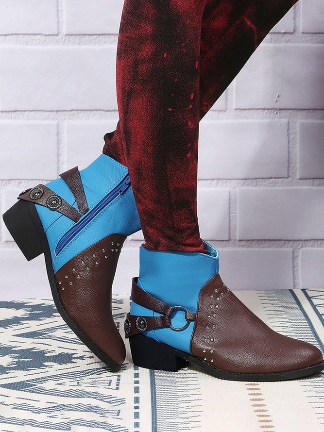 Antique Metal Embellished Soft Leather Ankle Cowboy Boots