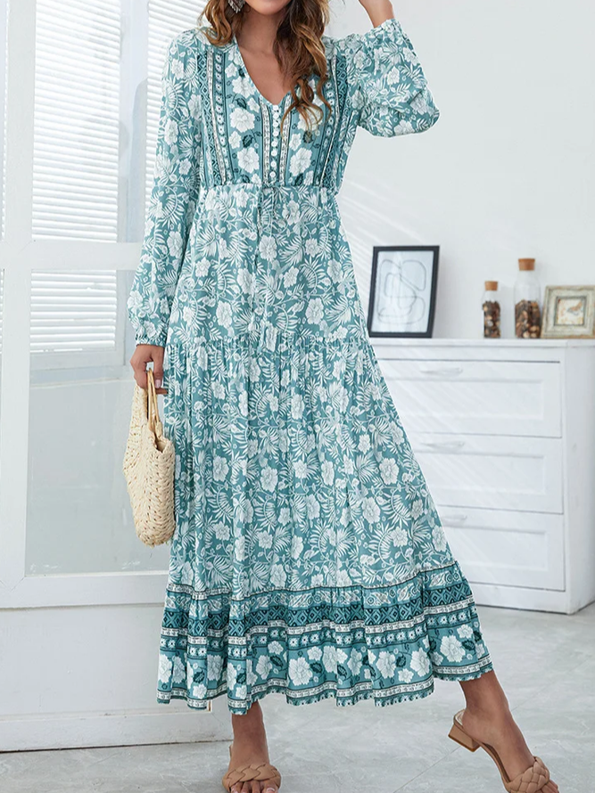 Casual Loose Floral V Neck Dress