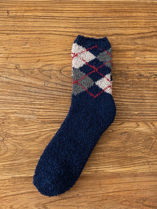 Casual Home Check Stripe Pattern Coral Fleece Socks Daily Commute Accessories