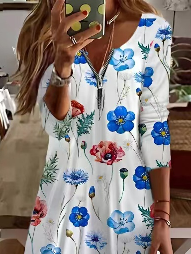 Casual Floral Zipper Regular Fit Dress