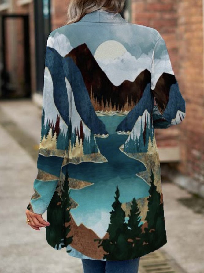 Landscape Print Shawl Collar Casual Other Coat