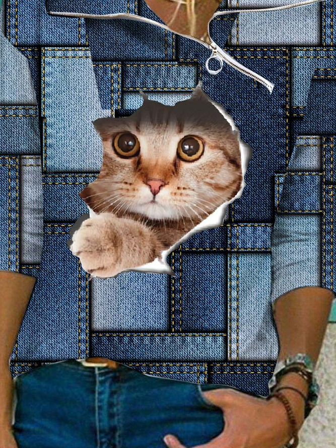 Cat Zipper Shawl Collar Geometric Casual Top