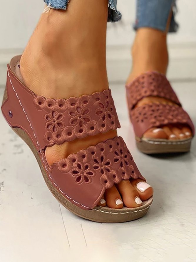 Embroidered Cutout Platform Wedge Slipper Sandals