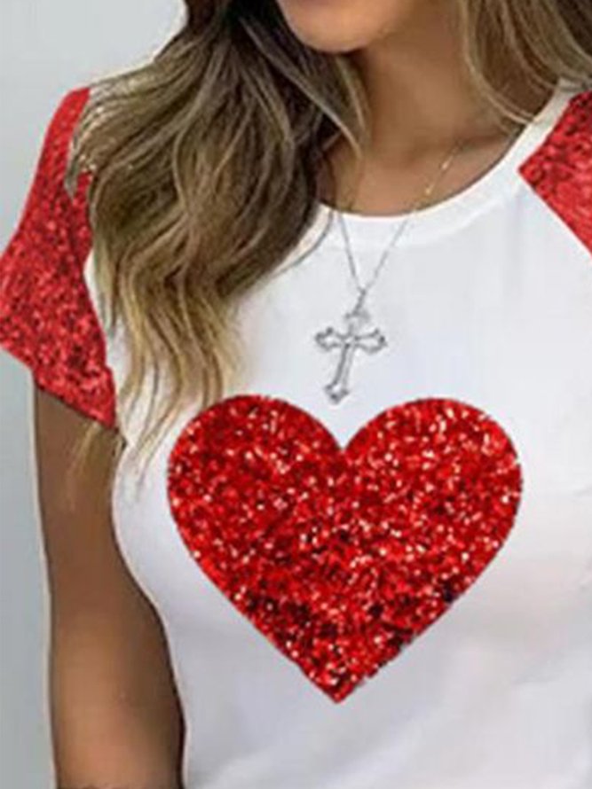 Beaded Regular Fit Heart/Cordate Casual T-Shirt