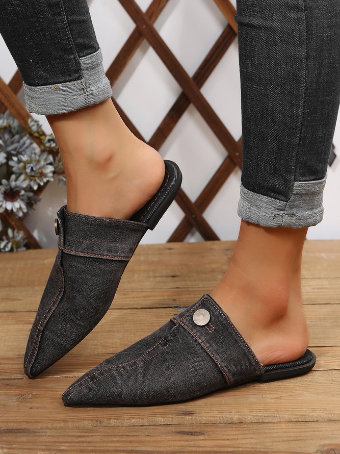 Plus Size Denim Button Decor Point Toe Flat Mules