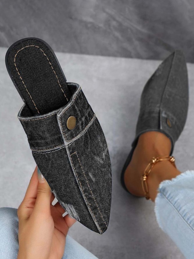 Plus Size Denim Button Decor Point Toe Flat Mules