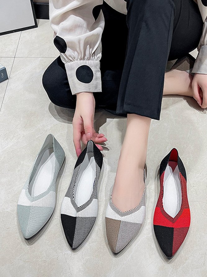 Color Block Breathable Mesh Fabric Pointed Toe Flat Shallow Shoes
