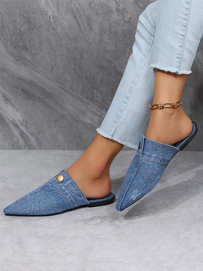 Plus Size Denim Button Decor Point Toe Flat Mules