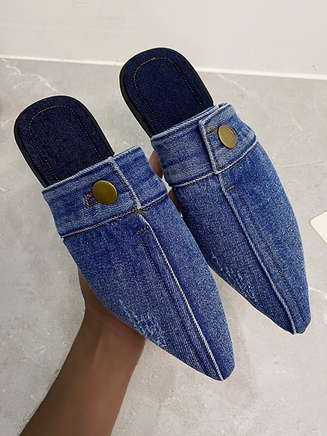 Plus Size Denim Button Decor Point Toe Flat Mules