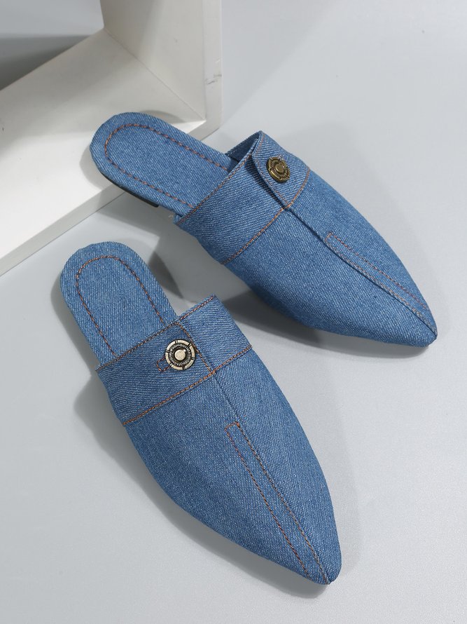 Plus Size Denim Button Decor Point Toe Flat Mules