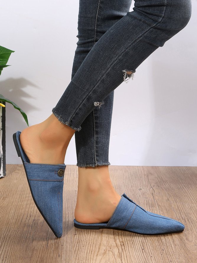 Plus Size Denim Button Decor Point Toe Flat Mules