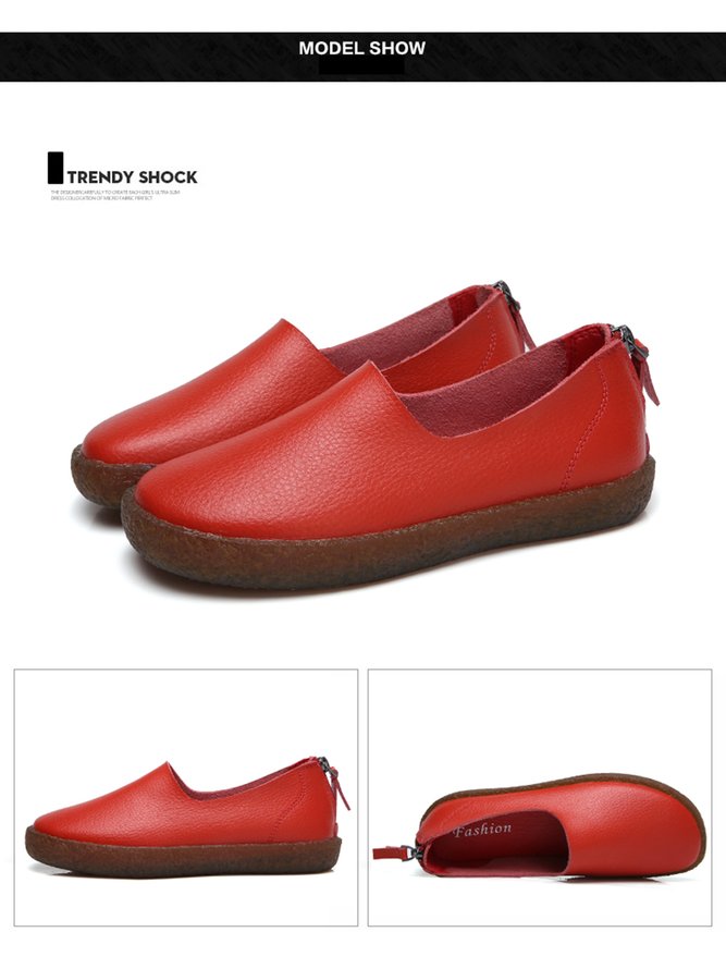 Solid Color Cowhide Zipper Soft Sole Casual Shoes