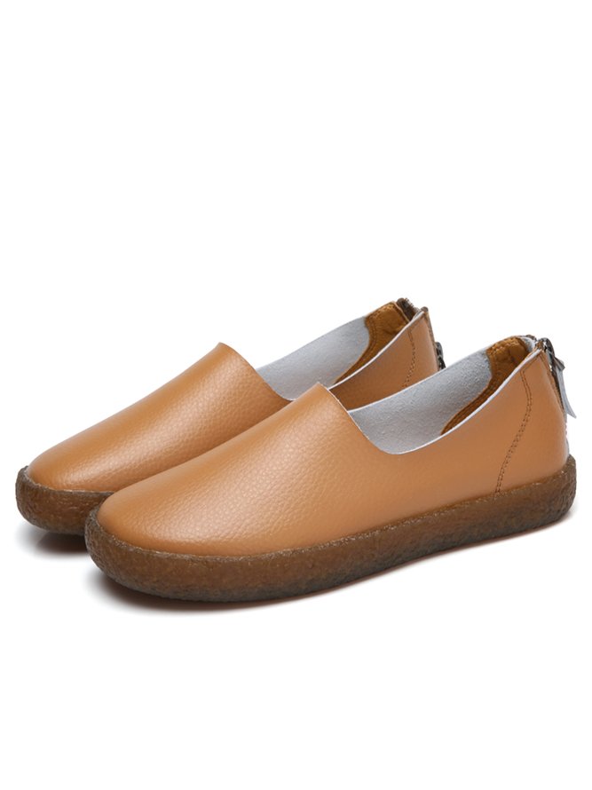 Solid Color Cowhide Zipper Soft Sole Casual Shoes