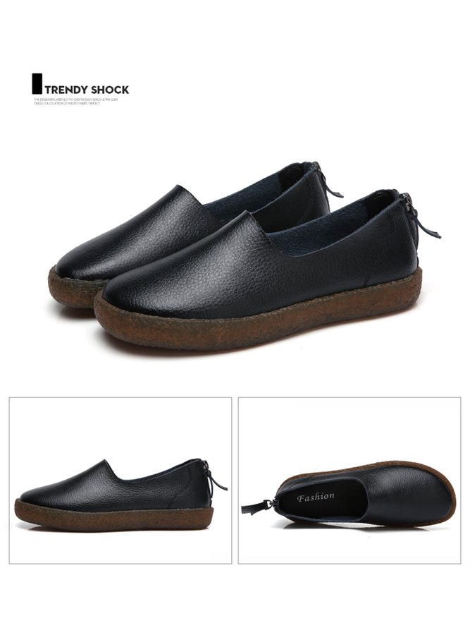 Solid Color Cowhide Zipper Soft Sole Casual Shoes