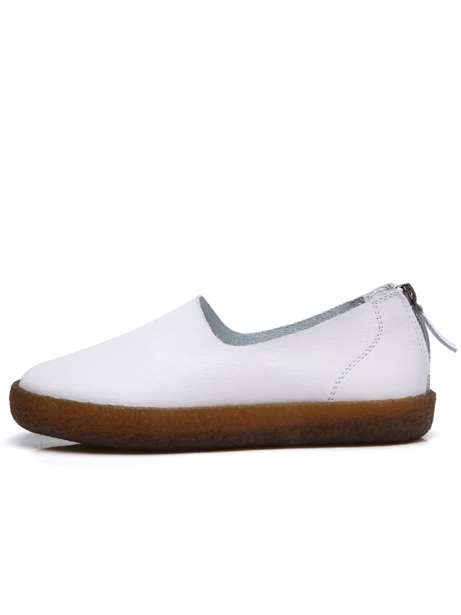 Solid Color Cowhide Zipper Soft Sole Casual Shoes
