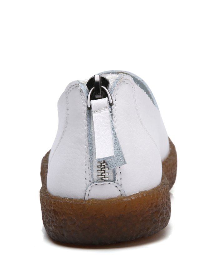 Solid Color Cowhide Zipper Soft Sole Casual Shoes