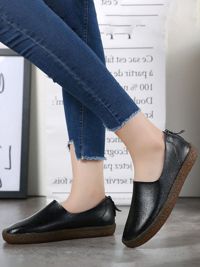 Solid Color Cowhide Zipper Soft Sole Casual Shoes