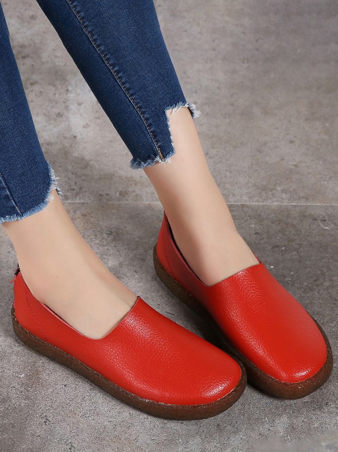 Solid Color Cowhide Zipper Soft Sole Casual Shoes
