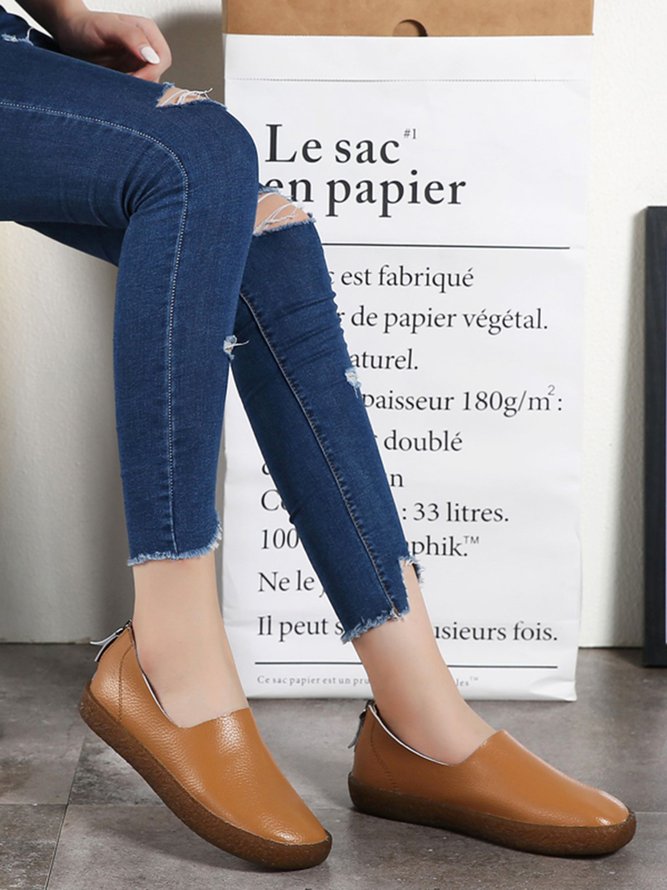 Solid Color Cowhide Zipper Soft Sole Casual Shoes