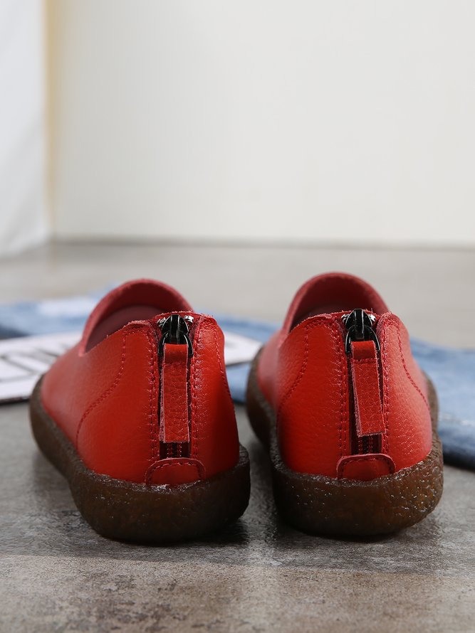 Solid Color Cowhide Zipper Soft Sole Casual Shoes