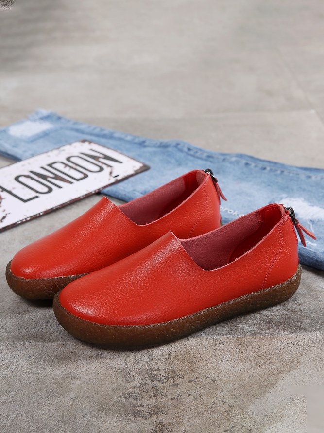 Solid Color Cowhide Zipper Soft Sole Casual Shoes