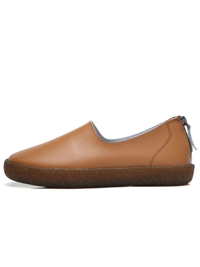 Solid Color Cowhide Zipper Soft Sole Casual Shoes
