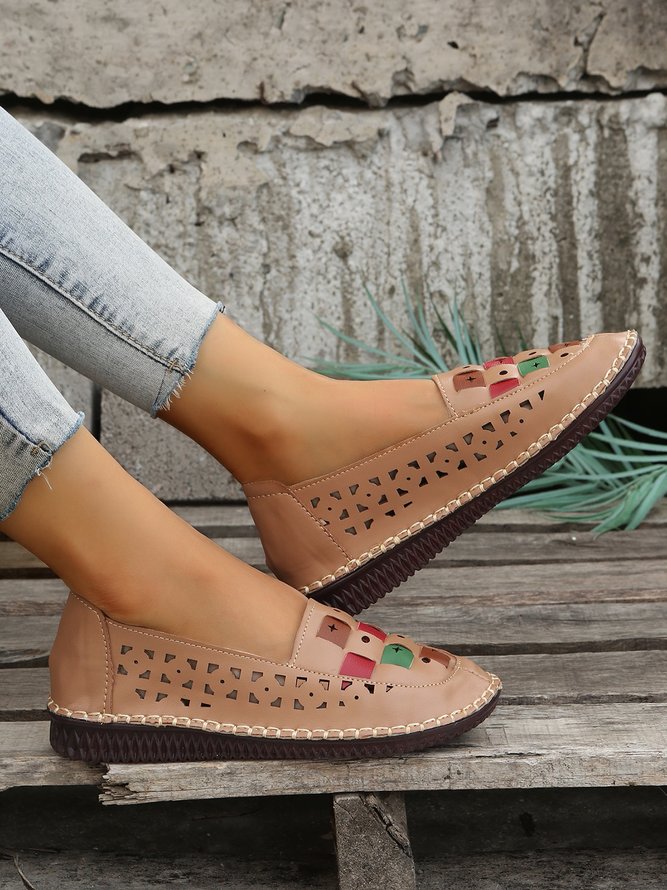 Vintage Color Block Hollow Out Stitch Detail Flat Shoes