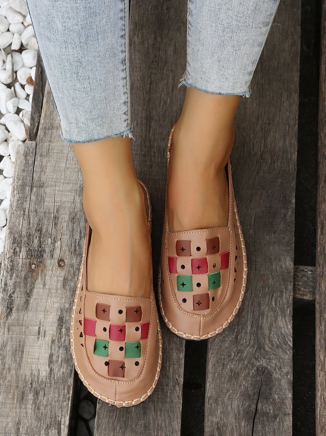 Vintage Color Block Hollow Out Stitch Detail Flat Shoes