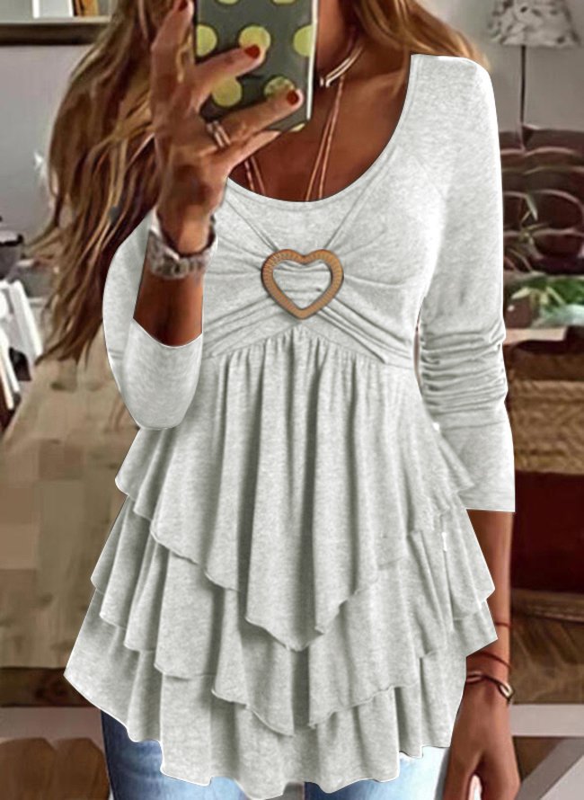 Plain Ruffle Crew Neck Heart Ring Layered Long Sleeves Tee Top