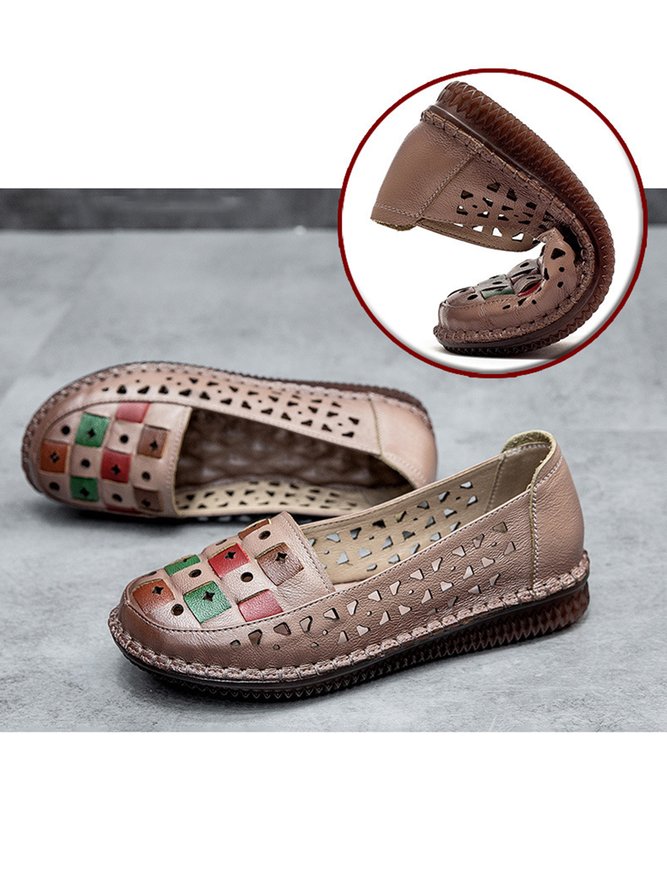 Vintage Color Block Hollow Out Stitch Detail Flat Shoes