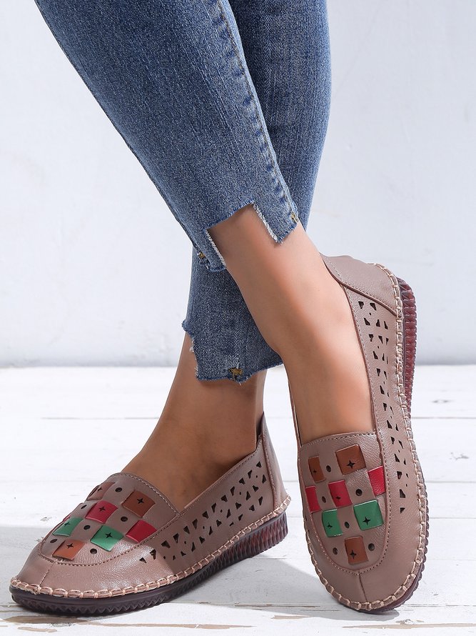 Vintage Color Block Hollow Out Stitch Detail Flat Shoes