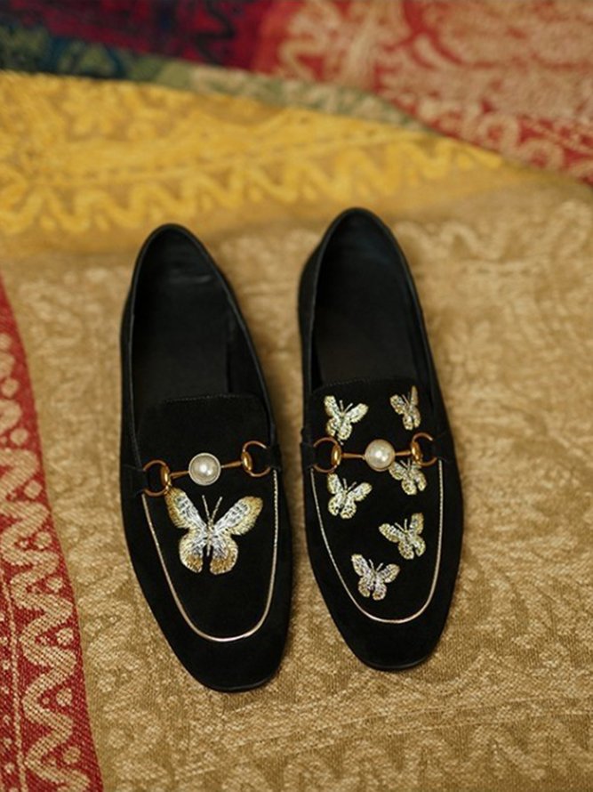 Embroidered Butterflies Pearls Gorgeous Black Velvet Loafers