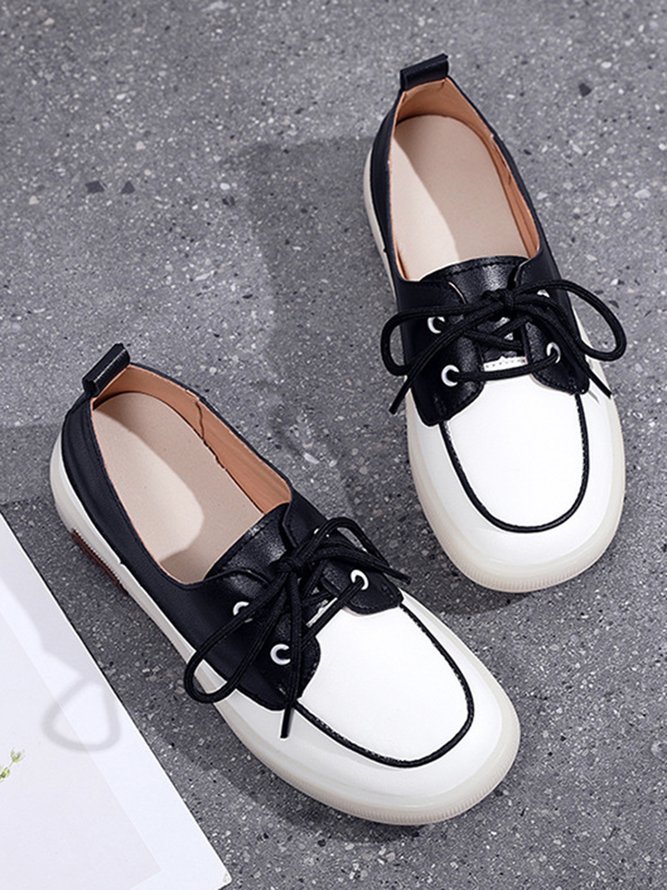 Casual Split Joint Color Block Leather Lace Up Flat Shoes
