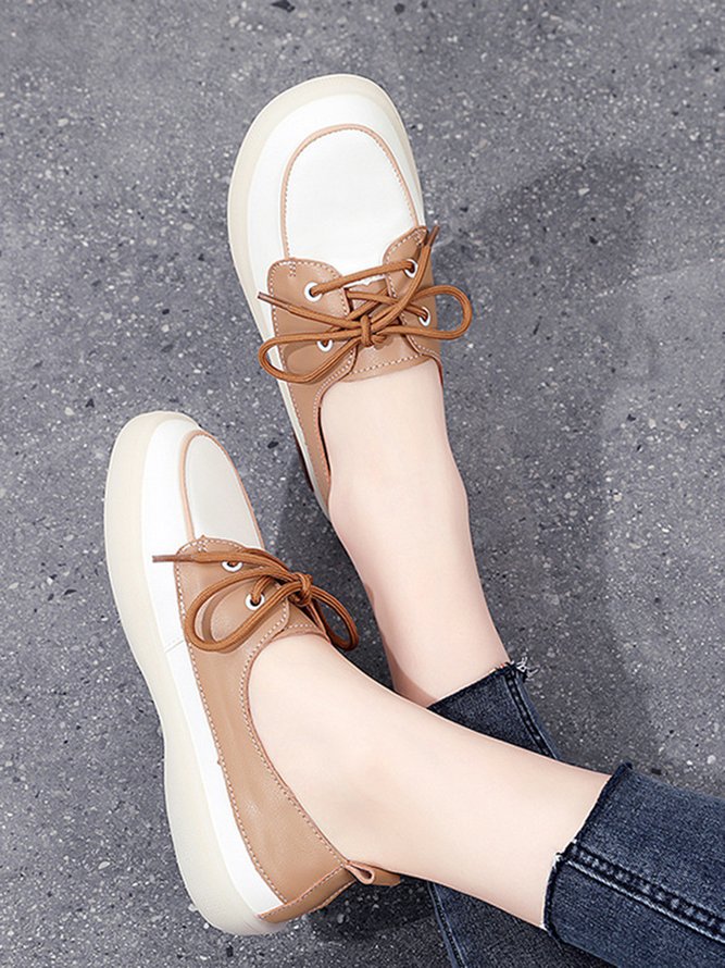 Casual Split Joint Color Block Leather Lace Up Flat Shoes