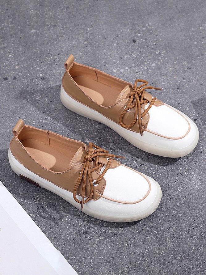 Casual Split Joint Color Block Leather Lace Up Flat Shoes