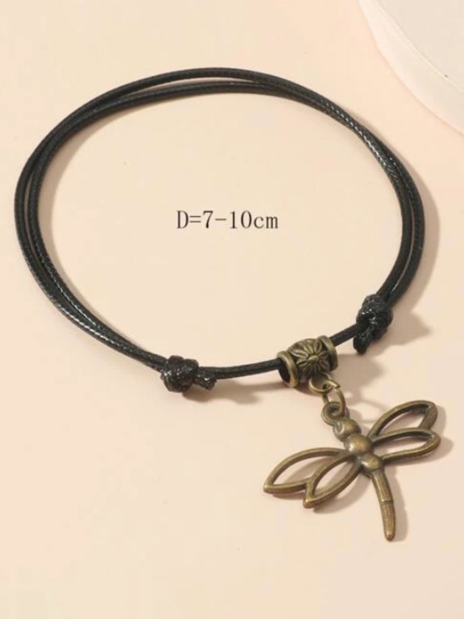 Boho Vintage Dragonfly Pattern Leather Rope Anklet Beach Vacation Jewelry