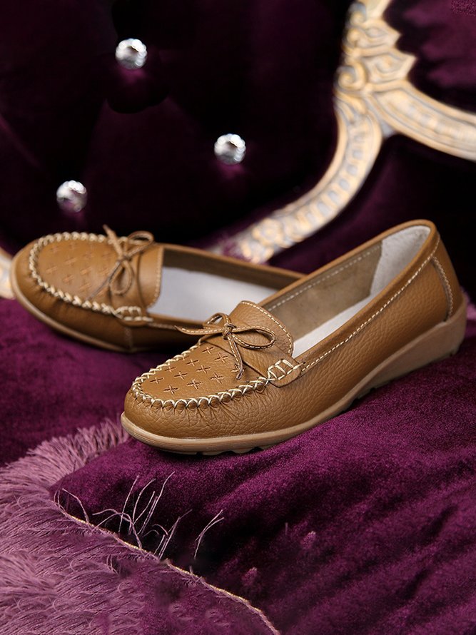 Bow Decor Moccasin Comfy Sole Flat Peas Shoes