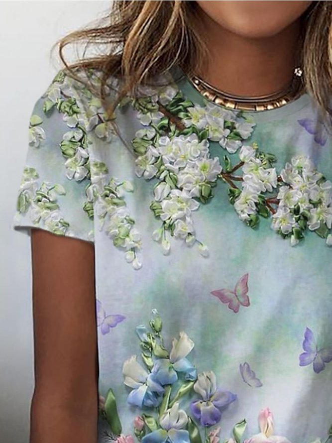 Casual Crew Neck Floral T-Shirt