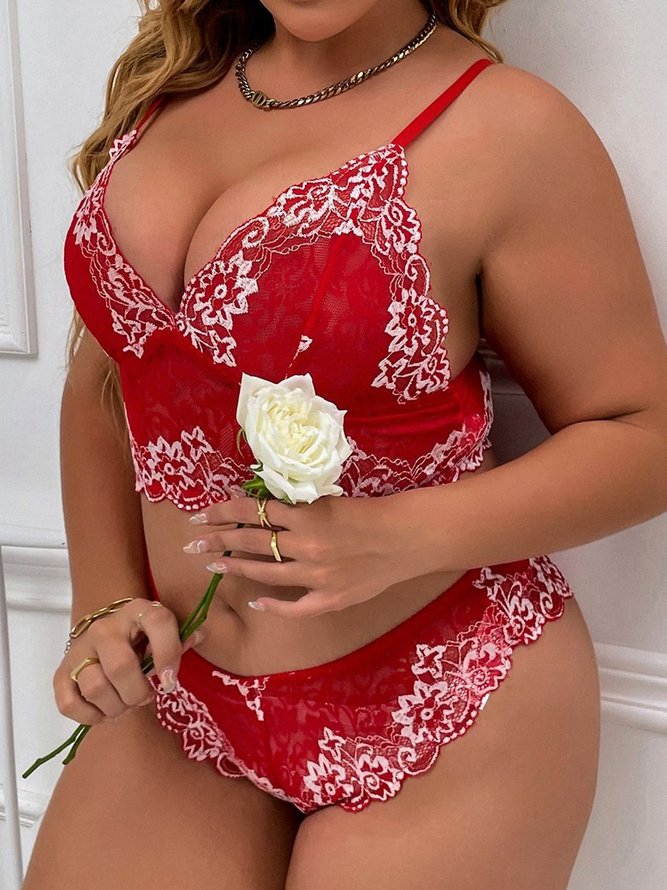 Red Contrasting Color Lace Sexy Lingerie Set Plus Size