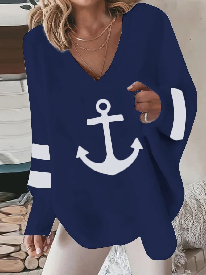 Casual Sea Anchor Loose V Neck Sweatshirt