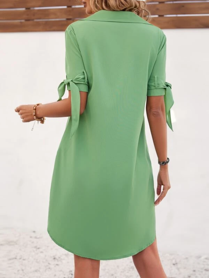 Plain Casual V Neck Cotton-Blend Dress Shirt Dress