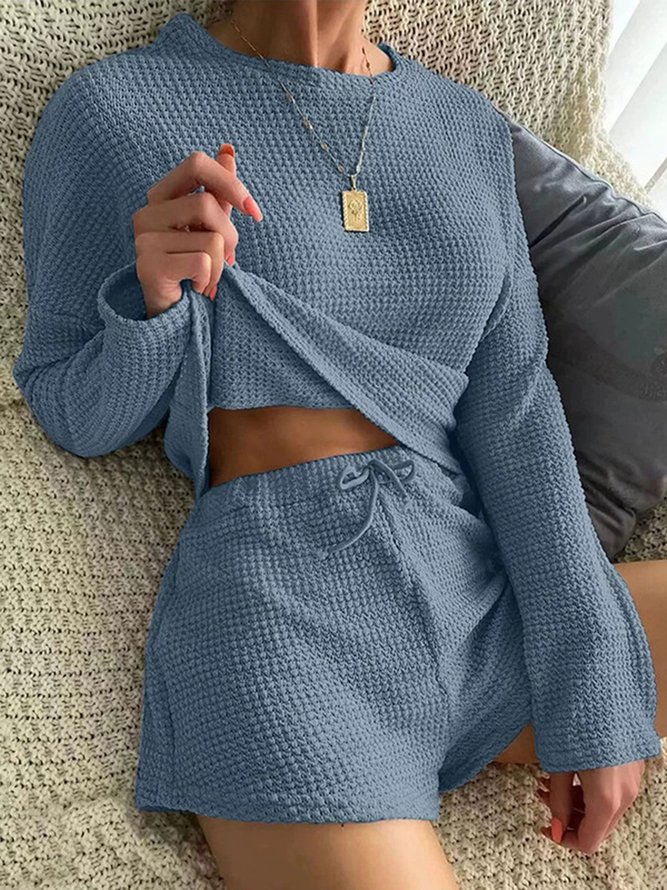 Round Neck Long Sleeve Wide Leg Shorts Waffle Comfortable Two-Piece Homewear Pajamas Plus Size