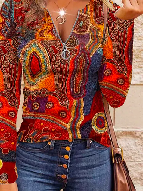 Loose Color Block V Neck Casual Top