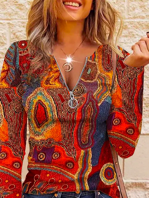Loose Color Block V Neck Casual Top