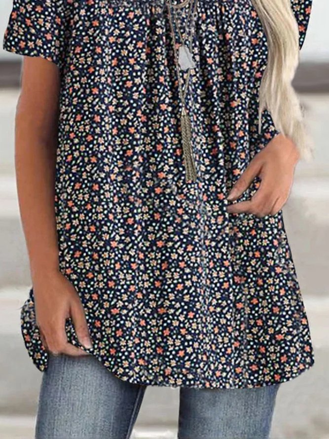 Crew Neck Floral Ruched Casual Top
