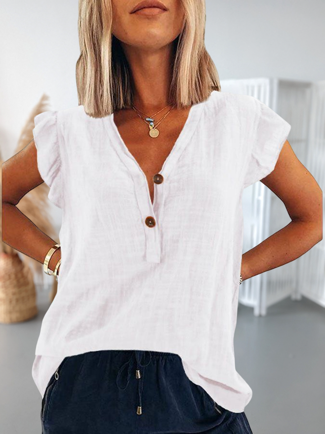 Cotton And Linen Regular Fit Casual V Neck Top