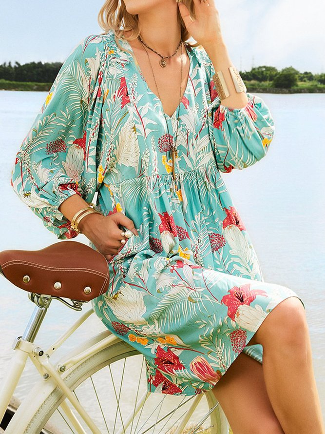 V Neck Loose Floral Vacation Dress